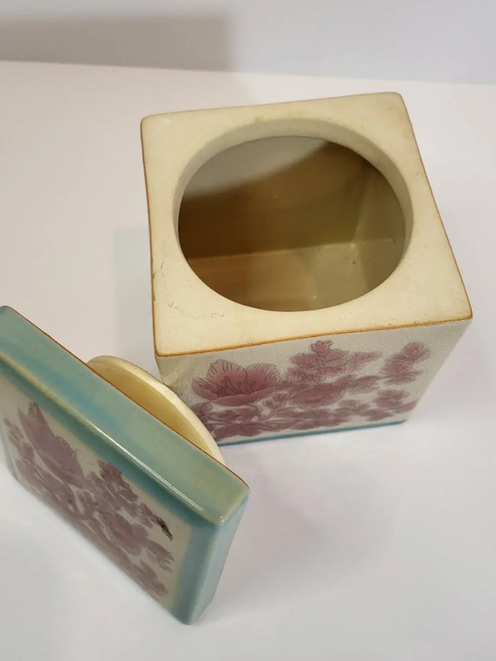 Vintage Pier 1‎ Imports Fiona Canister: Pink Floral Crackle Glaze Ceramic Jar